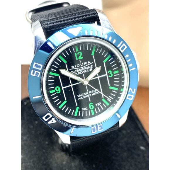 Sicura Submarine Men's Watch Vintage Swiss Manual Wind Black Dial 40mm Nylon - Picture 13 of 14